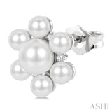 3MM & 5.5MM White Cultured Pearl and 1/10 Ctw Floral Round Cut Diamond Fashion Earrings in 10K White Gold