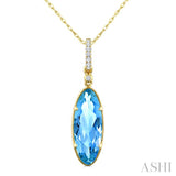 16X6 MM Evoque Gemstones Oval Shape Blue Topaz and 1/20 Ctw Round Cut Diamond Semi-Precious Pendant With Chain in 10K Yellow Gold