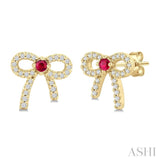 2MM Round Cut Ruby and 1/6 Ctw Round Cut Diamond Bow Petite Precious Fashion Earrings in 10K Yellow Gold