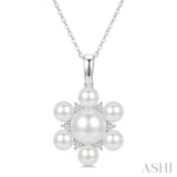 4MM & 7MM White Cultured Pearl and 1/10 Ctw Floral Round Cut Diamond Fashion Pendant With Chain in 10K White Gold