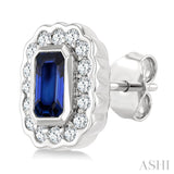5X3 MM Octagon Shape Sapphire and 1/4 Ctw Round Cut Diamond Bold Precious Earrings in 10K White Gold