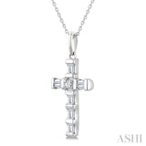 1/20 Ctw Baguette and Round Cut Diamond Cross Shape Fashion Pendant With Chain in 10K White Gold