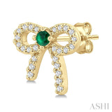 2MM Round Cut Emerald and 1/6 Ctw Round Cut Diamond Bow Petite Precious Fashion Earrings in 10K Yellow Gold