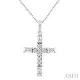 1/20 Ctw Baguette and Round Cut Diamond  Cross Shape Fashion Pendant With Chain in 10K White Gold