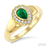 6X4 MM Pear Shape Emerald and 1/6 Ctw Round Cut Diamond Bold Precious Ring in 10K Yellow Gold