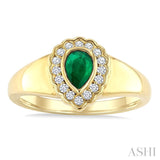 6X4 MM Pear Shape Emerald and 1/6 Ctw Round Cut Diamond Bold Precious Ring in 10K Yellow Gold