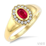 6X4 MM Oval Shape Ruby and 1/6 Ctw Round Cut Diamond Bold Precious Ring in 10K Yellow Gold