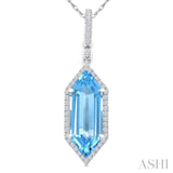 16X6 MM Evoque Gemstones Hexagon Shape Blue Topaz and 1/5 Ctw Round Cut Diamond Semi-Precious Pendant With Chain in 10K White Gold