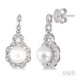 6X6 MM Round Shape Cultured Pearl and 1/8 ctw Cutwork Marquise Round Cut Diamond Fashion Earring in 10K White Gold