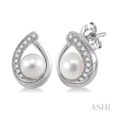 6x6 MM Cultured Pearls and 1/10 Ctw Round Cut Diamond Earrings in 14K White Gold