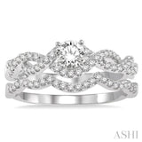 5/8 Ctw Diamond Wedding Set With 1/2 ct Round Diamond Engagement Ring and 1/10 ct Wavy Wedding Band in 14K White Gold