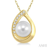 6.5 MM Round Shape Cultured Pearl and 1/20 Ctw Round Cut Diamond Pendant in 10K Yellow Gold with Chain
