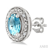6X4 MM Oval Shape Aquamarine and 1/50 Ctw Round Cut Diamond Semi-Precious Earrings in Sterling Silver