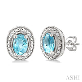 6X4 MM Oval Shape Aquamarine and 1/50 Ctw Round Cut Diamond Semi-Precious Earrings in Sterling Silver