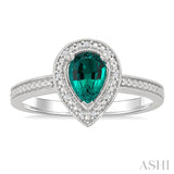 7X5 MM Pear Shape Lab-Created Emerald and 1/50 Ctw Round Cut Diamond Precious Ring in Sterling Silver