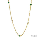 2.85 MM Emerald and 1/2 Ctw Round Cut Diamond Precious Station Necklace in 14K Yellow Gold