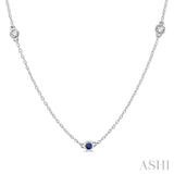 2.6 MM Sapphire and 3/8 Ctw Round Cut Diamond Precious Station Necklace in 14K White Gold