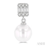 6 MM Cultured Pearls and 1/10 Ctw Baguette and Round Cut Diamond Earrings in 10K White Gold