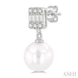 6 MM Cultured Pearls and 1/10 Ctw Baguette and Round Cut Diamond Earrings in 10K White Gold