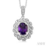 8X6 MM Oval Cut Amethyst and 1/20 Ctw Round Cut Diamond Semi-Precious Pendant With Chain in Sterling Silver