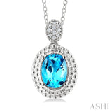 8X6 MM Oval Cut Blue Topaz and 1/20 Ctw Round Cut Diamond Semi-Precious Pendant With Chain in Sterling Silver