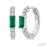4X2 MM Baguette Cut Emerald and 1/8 Ctw Petite Round Cut Diamond Fashion Huggies in 10K White Gold