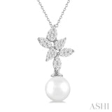 9 MM Cultured Pearl and 1/2 Ctw Lovebright Round Cut Diamond Fashion Pendant With Chain in 14K White Gold