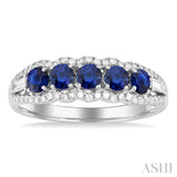 3.1MM Round Sapphire and 1/4 ctw Baguette and Single Cut Diamond 5-Stone Precious Ring in 14K White Gold