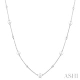 4 MM Round Shape Cultured Pearl and 1/6 Ctw Round Cut Diamond Station Necklace in 14K White Gold