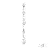 1/10 ctw Cultured Pearls 4X4 MM, 5X5 MM and 6X6 MM & Round Cut Diamond Station Long Earring in 14K White Gold