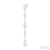 1/10 ctw Cultured Pearls 4X4 MM, 5X5 MM and 6X6 MM & Round Cut Diamond Station Long Earring in 14K White Gold