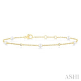 3 MM Round Shape Cultured Pearl and 1/20 Ctw Round Cut Diamond Fashion Station Bracelet in 14K Yellow Gold