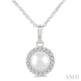 5 MM Cultured White Pearl and 1/20 Ctw Round Cut Diamond Halo Pendant With Chain in 14K White Gold