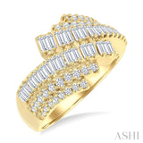 1 Ctw Triple Row Bypass Fusion Baguette and Round Cut Diamond Fashion Ring in 14K Yellow Gold