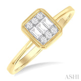 1/6 Ctw Petite Bezel Set Emerald Shape Fusion Baguette and Round Cut Diamond Fashion Ring in 10K Yellow Gold