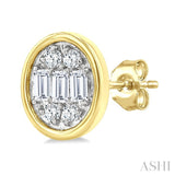 1/5 Ctw Petite Bezel Set Oval Shape Fusion Baguette and Round Cut Diamond Fashion Stud Earring in 10K Yellow Gold