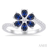 1/5 ctw Floral Blossom 4X3 MM Pear Cut Sapphire and Round Cut Diamond Bypass Precious Ring in 14K White Gold