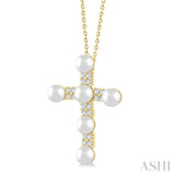 4 MM Cross Cultured Pearl and 1/5 Ctw Round Cut Diamond Semi-Precious Fashion Pendant With Chain in 10K Yellow Gold