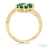 1/10 ctw Floral Blossom 4X3 MM Pear Cut Emerald and Round Cut Diamond Open Precious Ring in 14K Yellow Gold