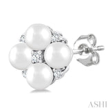 3 MM Floral Round Shape Cultured Pearl and 1/20 Ctw Round Cut Diamond Fashion Stud Earrings in 10K White Gold