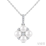 4 MM Floral Round Shape Cultured Pearl and 1/10 Ctw Round Cut Diamond Fashion Pendant With Chain in 10K White Gold