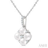 4 MM Floral Round Shape Cultured Pearl and 1/10 Ctw Round Cut Diamond Fashion Pendant With Chain in 10K White Gold