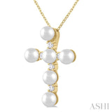 1/6 Ctw Cross 4X4 MM Cultured Pearl and Round Cut Diamond Fashion Pendant With Chain in 10K Yellow Gold