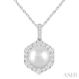 10MM Cultured Pearl and 5/8 Ctw Hexagon Shape Round Cut Diamond Pendant With Chain in 14K White Gold