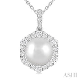 10MM Cultured Pearl and 5/8 Ctw Hexagon Shape Round Cut Diamond Pendant With Chain in 14K White Gold