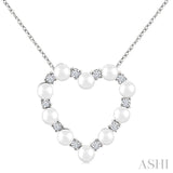 3 MM Round Shape Cultured Pearl and 1/5 Ctw Round Cut Diamond Heart Shape Pendant With Chain in 14K White Gold