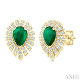 5X3 MM Pear Cut Emerald and 1/3 Ctw Starburst Round Cut Diamond Precious Stud Earrings in 14K Yellow Gold
