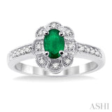 6x4 MM Oval Cut Emerald and 1/6 Ctw Single Cut Diamond Ring in 10K White Gold