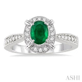 6x4 MM Oval Shape Emerald and 1/6 Ctw Single Cut Diamond Ring in 10K White Gold