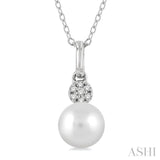 1/50 ctw Petite 6X6 MM Cultured Pearl and Round Cut Diamond Fashion Pendant With Chain in 10K White Gold